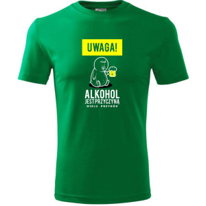 męska koszulka - uwaga! alkohol jest przyczyną wielu przygód