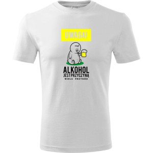 męska koszulka - uwaga! alkohol jest przyczyną wielu przygód