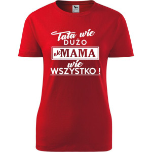Damska koszulka taliowana - tata wie dużo ale mama wie wszystko