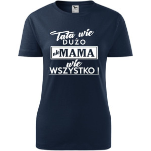 Damska koszulka taliowana - tata wie dużo ale mama wie wszystko