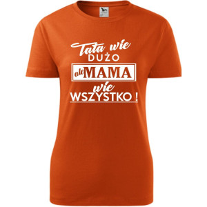 Damska koszulka taliowana - tata wie dużo ale mama wie wszystko