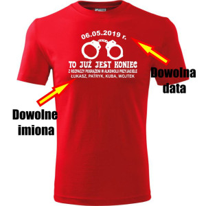 Atrakcyjna męska koszulka - To już jest koniec + dowolne imiona + data - t-shirt na kawalerski pamiątka