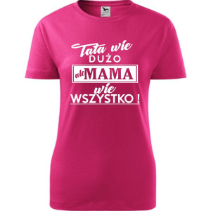 Damska koszulka taliowana - tata wie dużo ale mama wie wszystko