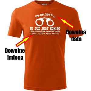 Atrakcyjna męska koszulka - To już jest koniec + dowolne imiona + data - t-shirt na kawalerski pamiątka