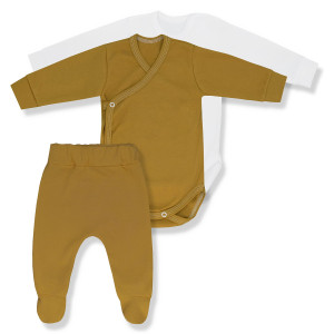 Trzyczęściowy komplet niemowlęcy. Białe body + musztardowe body + półśpiochy