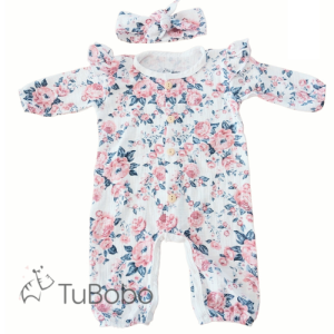 TuBobo muślinowy rampers + opaska pinup dla niemowląt w róże