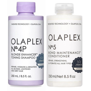 Olaplex zestaw do włosów blond I No.4P Blonde Enhancer regenerujący szampon tonizujący do włosów blond 250 ml - odżywka No.5 Bond Maintenance 250 ml