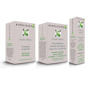 Bioelixire Gęste Włosy wegański zestaw przeciw wypadaniu włosów szampon 300ml odżywka 300ml serum 150ml