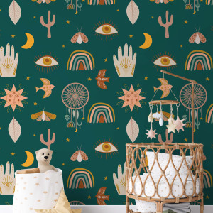 Tapeta dla dzieci - green boho collage , rodzaj - tapeta flizelinowa laminowana