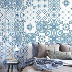 Blue patchwork - tapeta ścienna , rodzaj - próbka tapety 50x50cm
