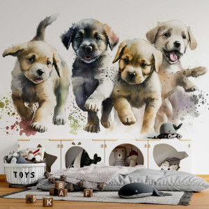 Tapeta na ścianę - puppy race , rodzaj - tapeta flizelinowa