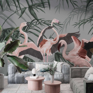 Tapeta na ścianę - dancing flamingos , rodzaj - tapeta flizelinowa