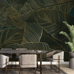 Złota tapeta - golden banana leaves , rodzaj - tapeta złota flizelinowa