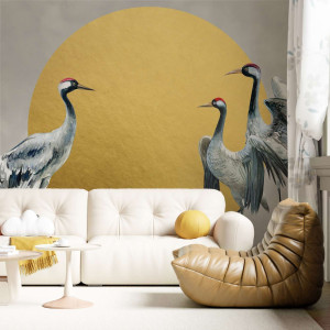 Złota tapeta - cranes sunset , rodzaj - tapeta złota flizelinowa
