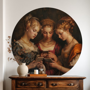 Tapeta w kształcie koła - ladies with a smartphone , rodzaj - tapeta flizelinowa
