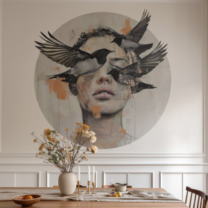 Tapeta w kształcie koła - woman with birds , rodzaj - tapeta flizelinowa laminowana