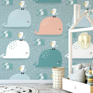Tapeta dziecięca - marine whales , rodzaj - tapeta winylowa strukturalna