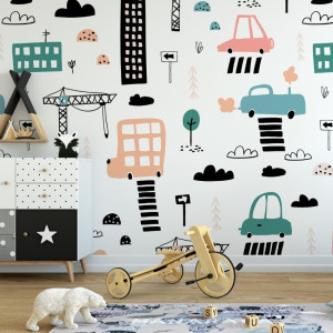 Tapeta dziecięca - city cars design , rodzaj - tapeta flizelinowa laminowana