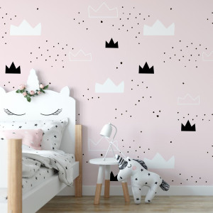 Tapeta dziecięca - minimal pink crowns , rodzaj - tapeta winylowa strukturalna
