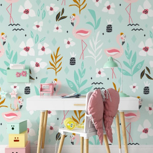 Tapeta dla dzieci - minty flamingos , rodzaj - próbka tapety 50x50cm
