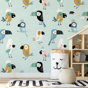 Tapeta dla dzieci - minty parrots , rodzaj - tapeta winylowa strukturalna