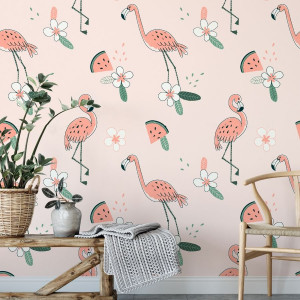 Tapeta na ścianę - flamingo watermelons , rodzaj - tapeta winylowa strukturalna