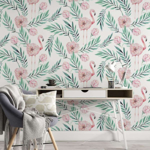 Tapeta na ścianę - flamingo greenery , rodzaj - próbka tapety 50x50cm
