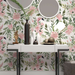 Tapeta na ścianę - floral flamingos , rodzaj - tapeta flizelinowa laminowana