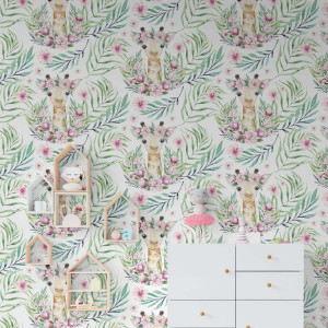 Tapeta dla dzieci - floral giraffe , rodzaj - tapeta winylowa strukturalna
