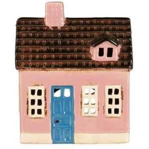 Ib Laursen - Domek ceramiczny na tealight My Home Town różowy z niebieskimi drzwiami