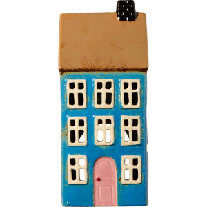 Ib Laursen - Domek ceramiczny na tealight Nyhavn niebieski z jasnoróżowymi drzwiami