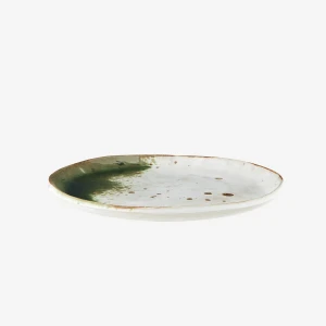 Madam Stoltz - Talerz obiadowy ceramiczny z biało-zieloną glazurą