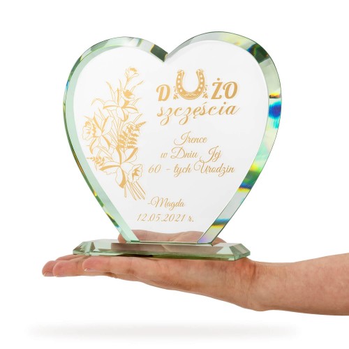 Szklane serce kryształowe na 60 urodziny - Dużo szczęścia