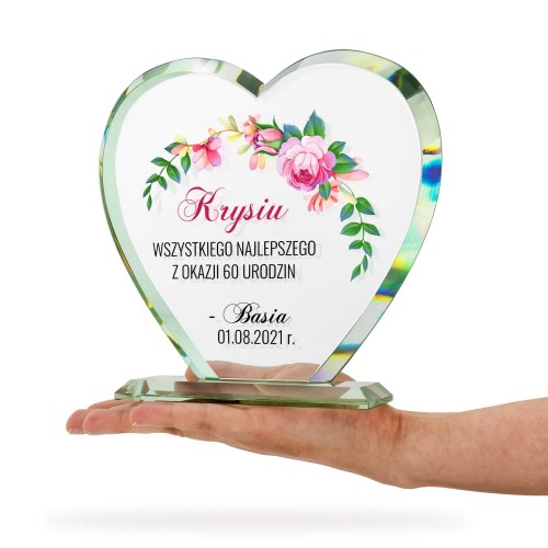 Szklane serce na 60 urodziny z nadrukiem - Kolorowe kwiaty