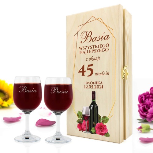 Skrzynka na wino z 2 kieliszkami na 45 urodziny - Wino siostry