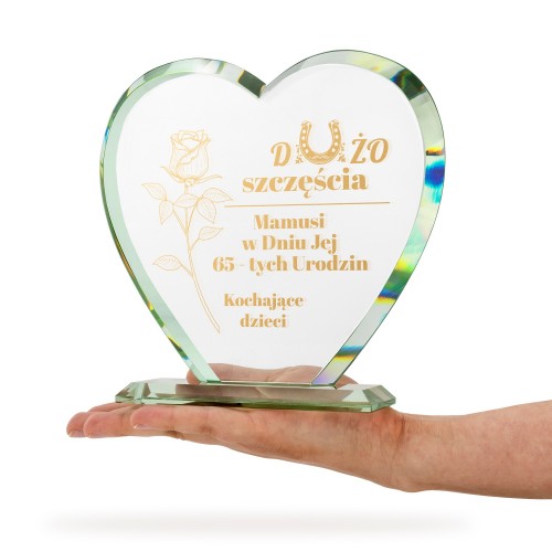 Szklane serce z grawerem na 65 urodziny - Dużo szczęścia