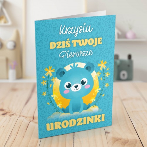 Kartka na roczek dla chłopca - Misiu