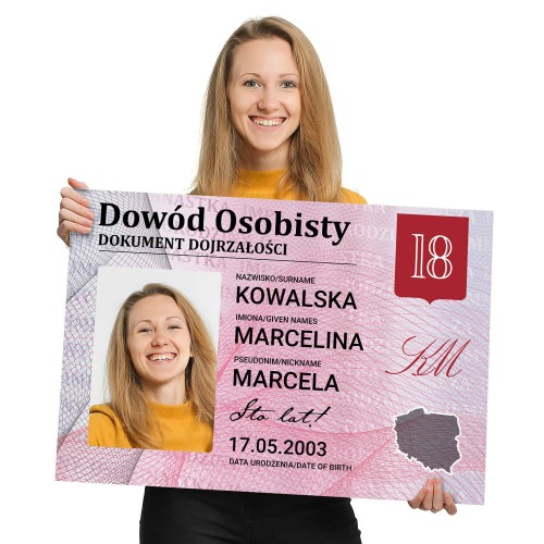 Kartka XXL z życzeniami na 18 urodziny dla niej - Dowodzik
