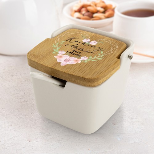 Cukiernica porcelanowa z łyżeczką z nadrukiem dla mamy - Kochanej mamie