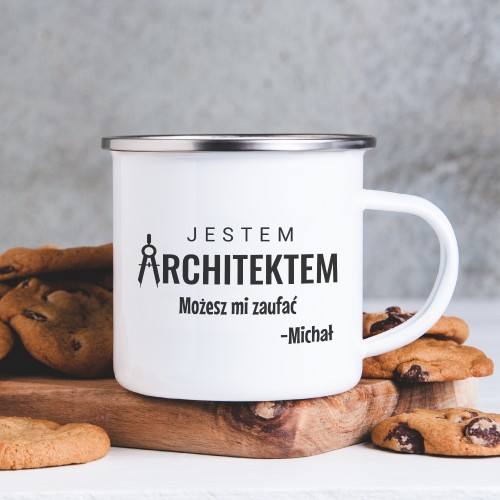 Kubek emaliowany z nadrukiem dla architekta - Możesz mi zaufać