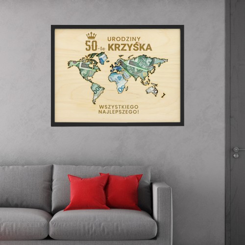 Ramka na pieniądze mapa świata na 50 urodziny - Bogate doświadczenie
