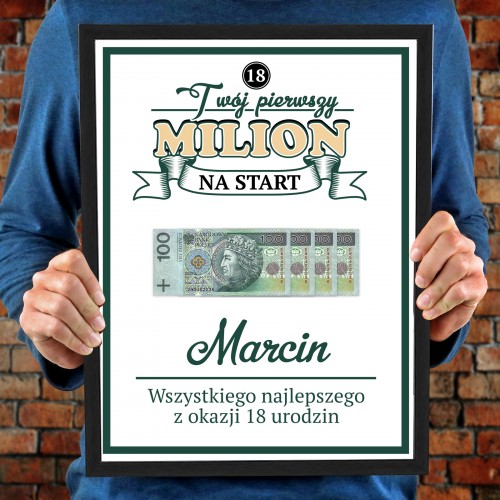 Plakat w ramce (30x40 cm) na 18 urodziny dla chłopaka - Pierwszy milion