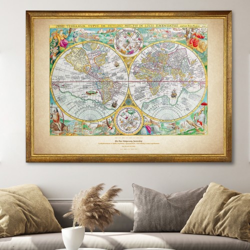 Mapa Świata 1594 w drewnianej ramie (50x70 cm) - Wielki trud