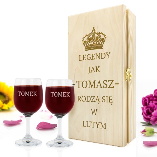 Skrzynka na wino z kieliszkami z grawerem - Legenda lutego