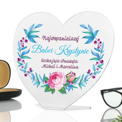 Statuetka serce z kolorowym nadrukiem na prezent dla babci - Różany Bukiet