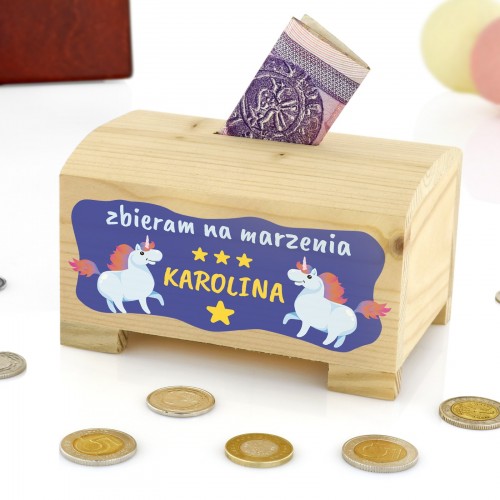 Skarbonka drewniana kuferek z nadrukiem dla dziewczynki - Marzenia