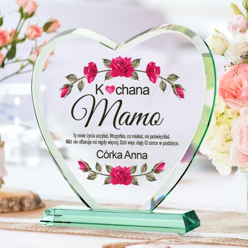 Statuetka szklane serce z nadrukiem dla mamy - Róże