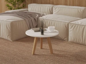Stolik kawowy okrągły biały 60 cm na niskich drewnianych nogach z litego dębu