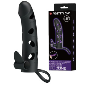 PRETTY LOVE - Vibrating Penis Sleeve with Ball Strap - Wibrująca nakładka na penisa