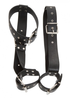 Obroża uprzężą i opaskami na ręce - do krępowania i zabaw BDSM - Czarna - Bad Kitty